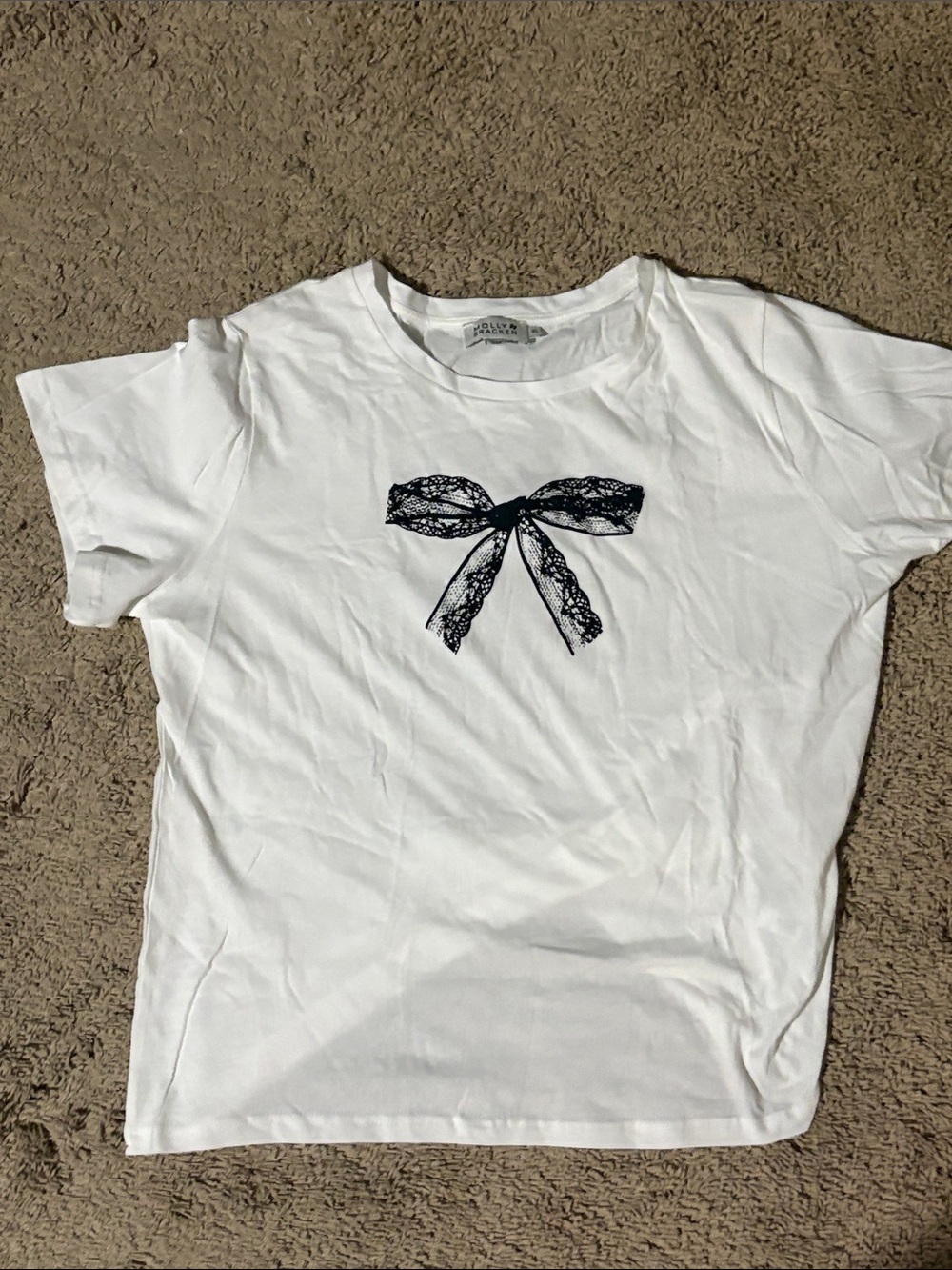 Molly Bracken White Tee with Black Lace Bow Graphic